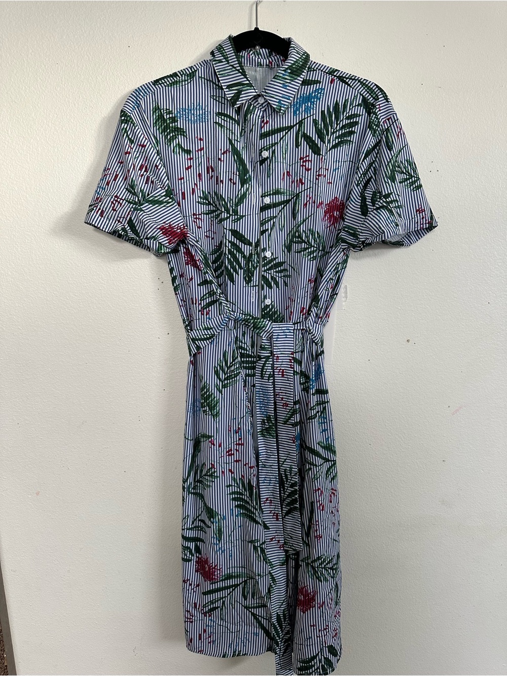 Magnolia Blue Striped Shirt Midi Dress with Green Leaf & Red Floral Print